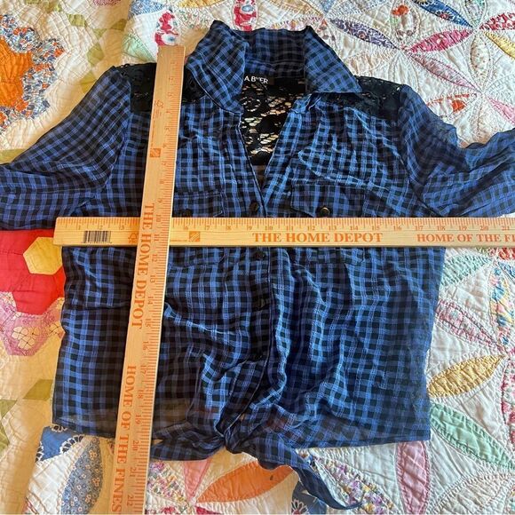 A. Byer NWT Blue Black Plaid Checkered Tie Front Button Up Lace Back Blouse Sz L - Picture 6 of 8